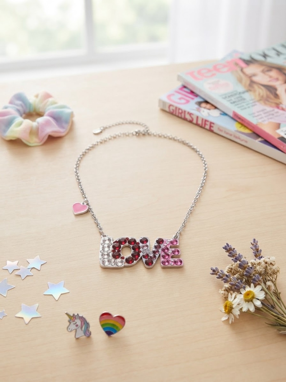 LOVE Crystal Pendant Necklace - Pink & Silver